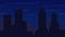 Animated pixel art design of night time cityscape with moving clouds. Retro game style city silhouette cartoon. 4k