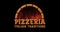 Animated pizzeria logo on dark background with oven