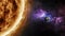 Animated planet Earth and Sun in dark galaxy view, stars, asteroids, milky way. Animation, space, universe, cosmos