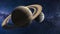 Animated planet Saturn and Jupiter in dark galaxy view with stars, asteroids, milky way