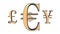 Animated rotating 3d golden world currencies signs against white background. Dollar, pound, euro, yen. 4k. Seamless loop.