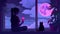 An animated scene featuring a girl with wine and a cat against a nighttime cityscape backdrop.