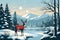 An animated scene of a serene winter landscape with a striking deer in the foreground.