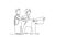 Animated self drawing of continuous line draw groups of male and female janitor giving thumbs up gesture. Cleaning service