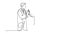 Animated self drawing of continuous line draw young happy male doctor checking up sick patient little boy with his mom and giving