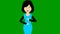 Animated speaking girl in blue dress. The woman constantly tells something and gestures with her hands. Black hair.