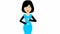 Animated speaking girl in blue dress. The woman constantly tells something and gestures with her hands. Black hair.