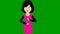 Animated speaking girl in pink dress. The woman constantly tells something and gestures with her hands. Black hair.