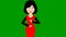 Animated speaking girl in red dress. The woman constantly tells something and gestures with her hands. Black hair.
