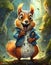 Animated squirrel surprised in a magical forest. He wears a blue jacket and expresses an emotion of surprise or joy in a wooded