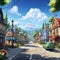 Animated street scene with charming cartoon-like drawings of houses and lively tableaus