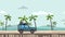 Animated SUV car with luggage on the roof trunk riding on the beach. Moving off-road vehicle on seascape, side view
