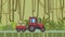 Animated tractor with trolley full of hay riding through rainforest. Moving farm vehicle on tropical jungle and river