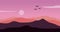 Animated video parallax landscape at dusk with birds flying over the hills of the mountains