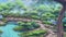 Animated video of swamps with big trees that are raining. anime style