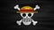 Animated waving black skull and cross swords pirate flag. Pirate, ocean, sailboat