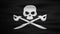 Animated waving black skull and cross swords pirate flag. Pirate, ocean, sailboat