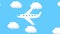 Animated white plane flies through the sky. Clouds fly in the sky from left to right. Flat vector illustration