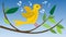 Animated yellow canary-bird. Singing canary-bird on branch with green leaves. Cute summer cartoon animation with bird.