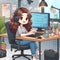 Animated Young Girl With Curly Hair Using a Laptop at a Cozy Home Office Desk