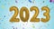 Animation of 2023 gold balloon numbers and confetti on blue background