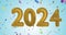 Animation of 2024 gold balloon numbers with confetti on blue background