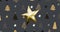 Animation of 3d gold star moving over stars and christmas trees on dark grey background
