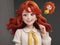 Animation. 3d model.Generative AI. Portrait of beautiful cheerful redhead woman with flying curly hair smiling laughing, on dark