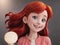 Animation. 3d model.Generative AI. Portrait of beautiful cheerful redhead woman with flying curly hair smiling laughing, on dark