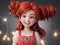 Animation. 3d model.Generative AI. Portrait of beautiful cheerful redhead woman with flying curly hair smiling laughing, on dark