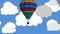 Animation of abstract pattern over hot air balloon flying against clouds on blue background