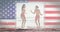 Animation of american flag waving over man and woman learning to surf on beach