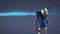 Animation of american football player in helmet holding ball over glowing blue mesh
