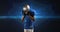 Animation of american football player putting helmet on on blue glowing background