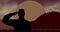 Animation of american soldier over silhouettes of mountains and sun