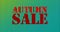 Animation of autumn sale text in red letters on green striped background