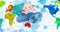 Animation of baby in airplane flying over multi coloured world map