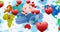 Animation of baby in airplane and red hearts flying over world map