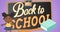 Animation of back to school text with pencil and bus on chalkboard with cartoon schoolgirl and book