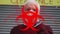 Animation of biohazard symbol, over man in face mask in city street