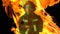 Animation of biracial male firefighter over fire on black background