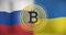 Animation of bitcoin symbols over russian and ukrainian flags