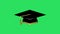 Animation black graduate hat golden edge on green background.