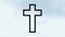 Animation of black outline of Christian cross over blue clouds