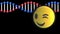 Animation of blinking emoticon over dna chain on black background