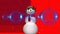 Animation of blue christmas baubles over snowman and snow falling