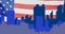 Animation of blue cityscape,moving over waving american flag