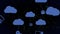 Animation of blue clouds with hanging media icons on black background