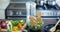 Animation of blurred vegetable salad on countertop in kitchen