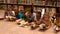 Animation of books moving over happy school children and teacher reading books